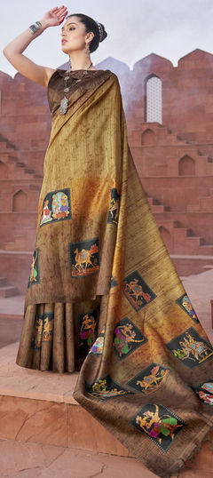 Festive, Traditional Beige and Brown color Saree in Tussar Silk fabric with South Printed work : 1933104