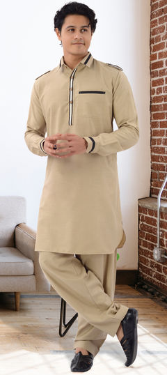 Beige and Brown color Pathani Suit in Blended Cotton fabric with Thread work