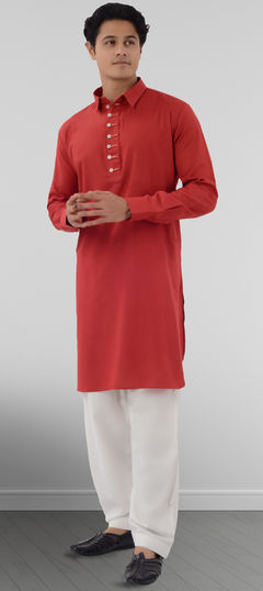 Red and Maroon color Pathani Suit in Blended Cotton fabric with Thread work