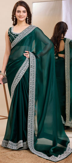 Green color Saree in Art Silk, Silk fabric with Embroidered, Thread work