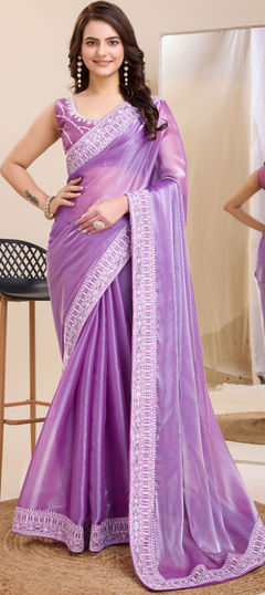 Purple and Violet color Saree in Art Silk, Silk fabric with Embroidered, Thread work