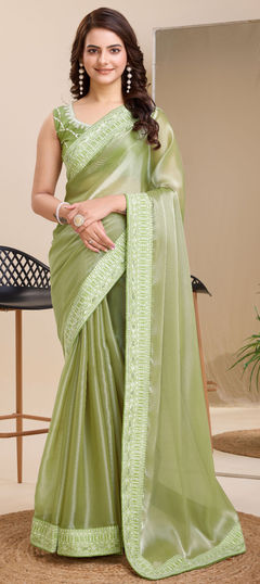 Green color Saree in Art Silk, Silk fabric with Embroidered, Thread work