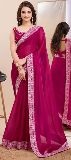 Pink and Majenta color Saree in Art Silk, Silk fabric with Embroidered, Thread work