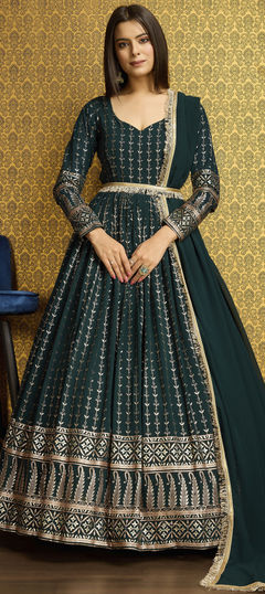Green color Gown in Faux Georgette fabric with Foil Print work