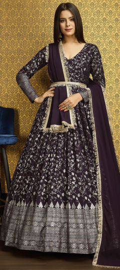 Purple and Violet color Gown in Faux Georgette fabric with Foil Print work