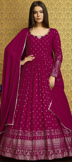 Pink and Majenta color Gown in Faux Georgette fabric with Cut Dana, Foil Print work