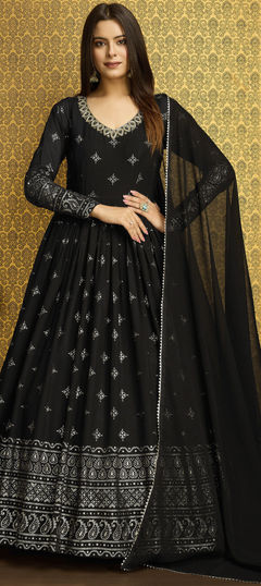 Black and Grey color Gown in Faux Georgette fabric with Cut Dana, Foil Print work