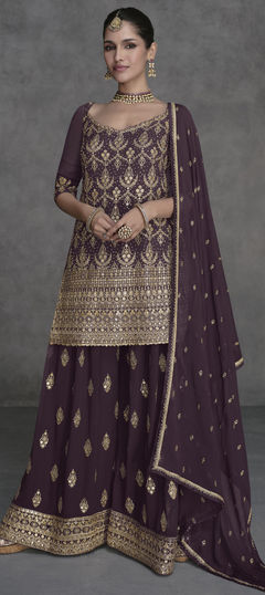 Purple and Violet color Salwar Kameez in Georgette fabric with Embroidered, Sequence, Stone, Thread, Zari work