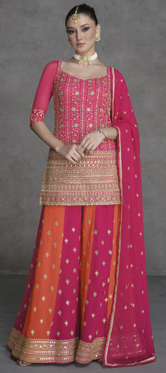 Pink and Majenta color Salwar Kameez in Georgette fabric with Embroidered, Sequence, Stone, Thread, Zari work