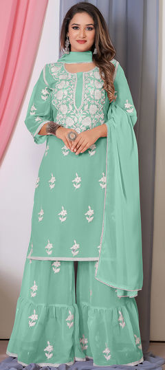 Green color Salwar Kameez in Georgette fabric with Embroidered, Resham, Thread work