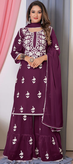Purple and Violet color Salwar Kameez in Georgette fabric with Embroidered, Thread work