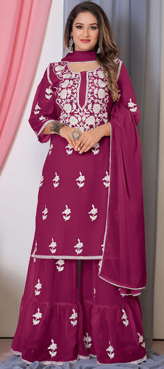 Pink and Majenta color Salwar Kameez in Georgette fabric with Embroidered, Thread work