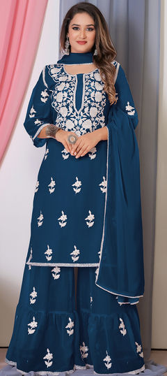 Blue color Salwar Kameez in Georgette fabric with Embroidered, Thread work