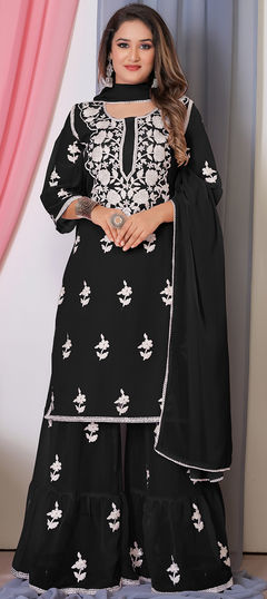 Black and Grey color Salwar Kameez in Georgette fabric with Embroidered, Thread work