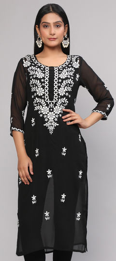 Festive, Party Wear Black and Grey color Kurti in Georgette fabric with Long Sleeve, Straight Embroidered, Resham, Thread work : 1933221