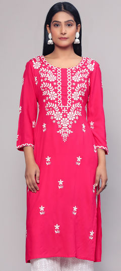 Festive, Party Wear Pink and Majenta color Kurti in Georgette fabric with Long Sleeve, Straight Embroidered, Resham, Thread work : 1933224