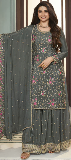 Bollywood Black and Grey color Salwar Kameez in Art Silk fabric with Palazzo, Straight Embroidered, Resham, Sequence, Thread, Zari work : 1933244