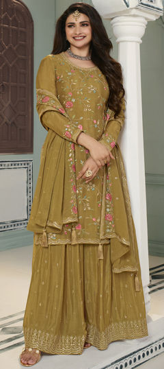 Gold color Salwar Kameez in Art Silk fabric with Embroidered, Resham, Sequence, Thread, Zari work