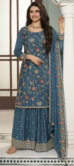 Bollywood Blue color Salwar Kameez in Art Silk fabric with Palazzo, Straight Embroidered, Resham, Sequence, Thread, Zari work : 1933251