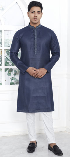 Blue color Kurta Pyjamas in Cotton fabric with Thread work