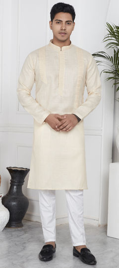 Beige and Brown color Kurta Pyjamas in Cotton fabric with Thread work