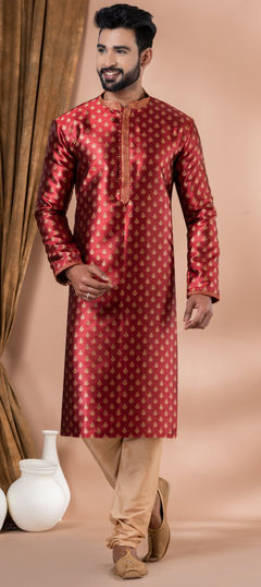 Red and Maroon color Kurta Pyjamas in Jacquard fabric with Weaving work