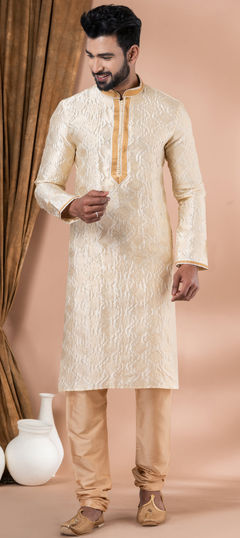 White and Off White color Kurta Pyjamas in Jacquard fabric with Weaving work