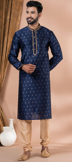 Blue color Kurta Pyjamas in Dupion Silk fabric with Weaving work