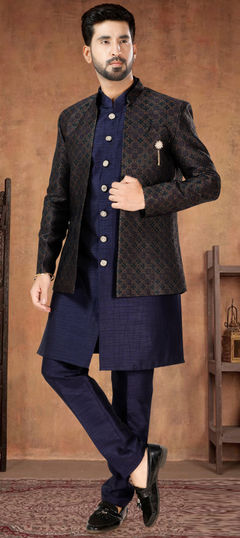 Blue, Green color Kurta Pyjama with Jacket in Silk fabric with Embroidered, Sequence, Thread work