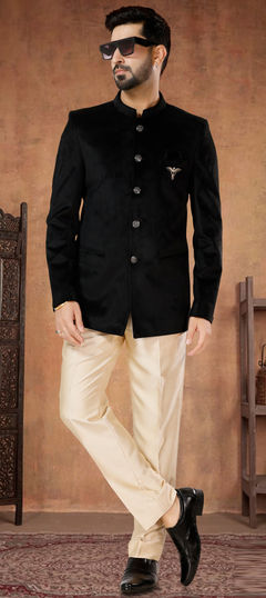 Party Wear Black and Grey color Jodhpuri Suit in Velvet fabric with Embroidered, Sequence, Thread work : 1933406