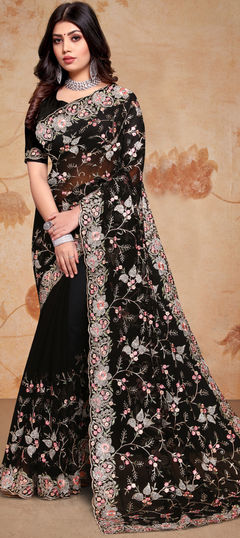 Black and Grey color Saree in Georgette fabric with Embroidered, Resham, Stone, Thread, Zari work