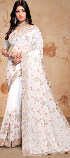 White and Off White color Saree in Georgette fabric with Embroidered, Resham, Stone, Thread, Zari work