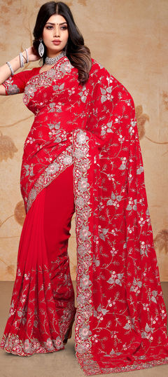 Red and Maroon color Saree in Georgette fabric with Embroidered, Resham, Stone, Thread, Zari work