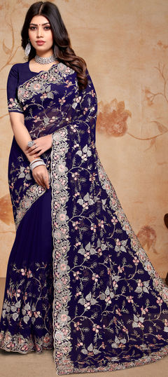 Blue color Saree in Georgette fabric with Embroidered, Resham, Stone, Thread, Zari work