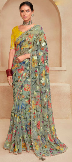 Black and Grey color Saree in Georgette fabric with Lace, Printed work