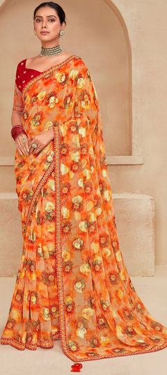 Engagement, Festive, Reception Orange color Saree in Georgette fabric with Classic Lace, Printed work : 1933511