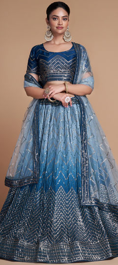 Bridal, Reception, Wedding Blue color Lehenga in Silk fabric with Flared Embroidered, Sequence, Thread work : 1933524