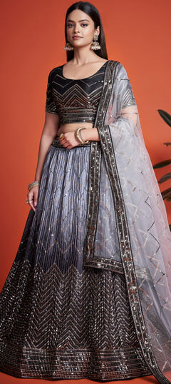 Bridal, Reception, Wedding Black and Grey color Lehenga in Silk fabric with Flared Embroidered, Sequence, Thread work : 1933528