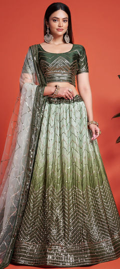 Bridal, Reception, Wedding Green color Lehenga in Silk fabric with Flared Embroidered, Sequence, Thread work : 1933536