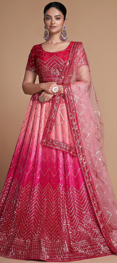 Bridal, Reception, Wedding Pink and Majenta color Lehenga in Silk fabric with Flared Embroidered, Sequence, Thread work : 1933541