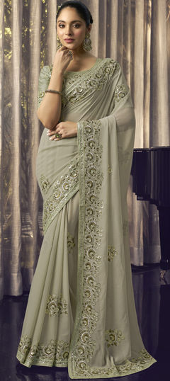 Green color Saree in Georgette fabric with Embroidered, Sequence, Thread work