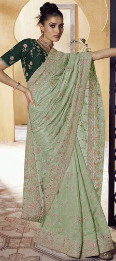 Green color Saree in Georgette fabric with Embroidered, Sequence, Thread work