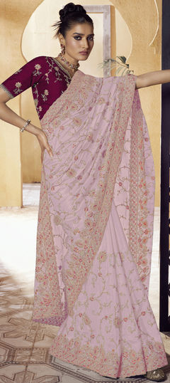Pink and Majenta color Saree in Georgette fabric with Embroidered, Sequence, Thread work