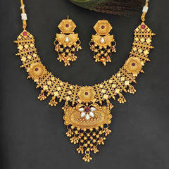 Gold Rodium Polish Pink and Majenta color Necklace in Metal Alloy studded with Kundan