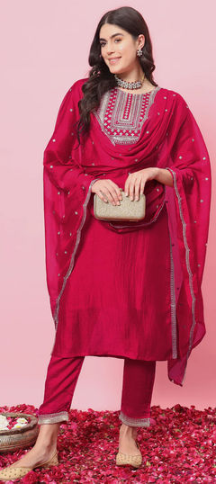 Pink and Majenta color Salwar Kameez in Blended, Silk fabric with Embroidered, Thread work