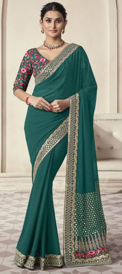 Green color Saree in Organza Silk fabric with Sequence, Thread, Zari work