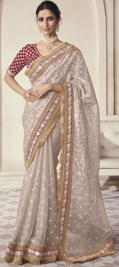 Beige and Brown color Saree in Organza Silk fabric with Sequence, Thread, Zari work