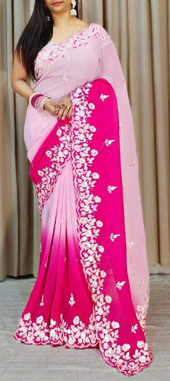 Pink and Majenta color Saree in Georgette fabric with Embroidered, Sequence, Thread, Zari work