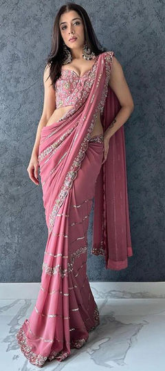 Pink and Majenta color Saree in Georgette fabric with Embroidered, Sequence, Thread work