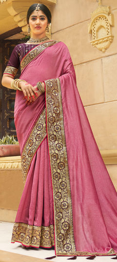 Pink and Majenta color Saree in Art Silk, Silk fabric with Embroidered, Thread, Zari work